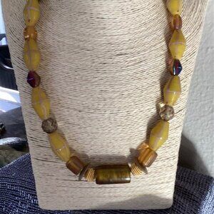 Artisan Yellow and Gold Beaded Necklace, Glass and Metal Spacers and Beads (21")